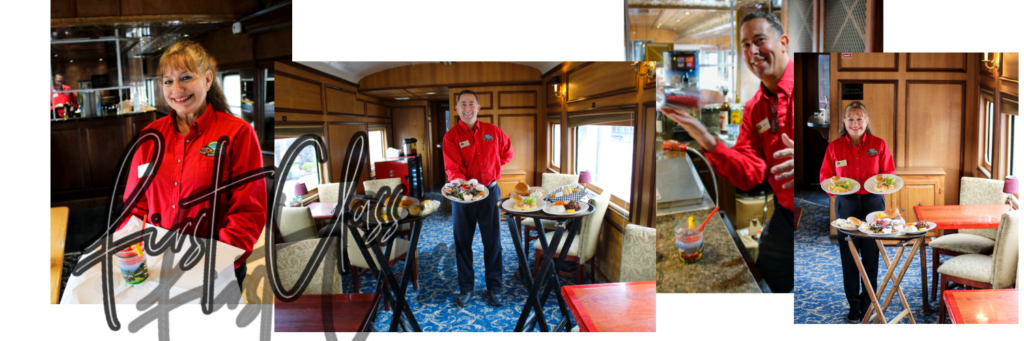 Collage of servers holding plates of food with the words "First Class" overlayed on top.