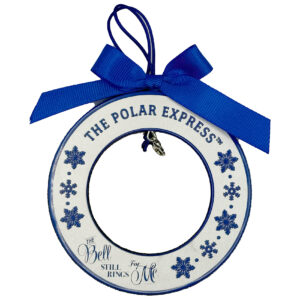 Bell Holder Ornament$17.99Fondly remember your journey to the North Pole by displaying your keepsake bell. This ornament is composed of metal with a velvet backing and includes a special hook in the center to easily attach your silver bell from your ride on “THE POLAR EXPRESS™. The ornament is 3.5” diameter and features a ribbon and string to proudly display on the Christmas tree. (Bell not included.)